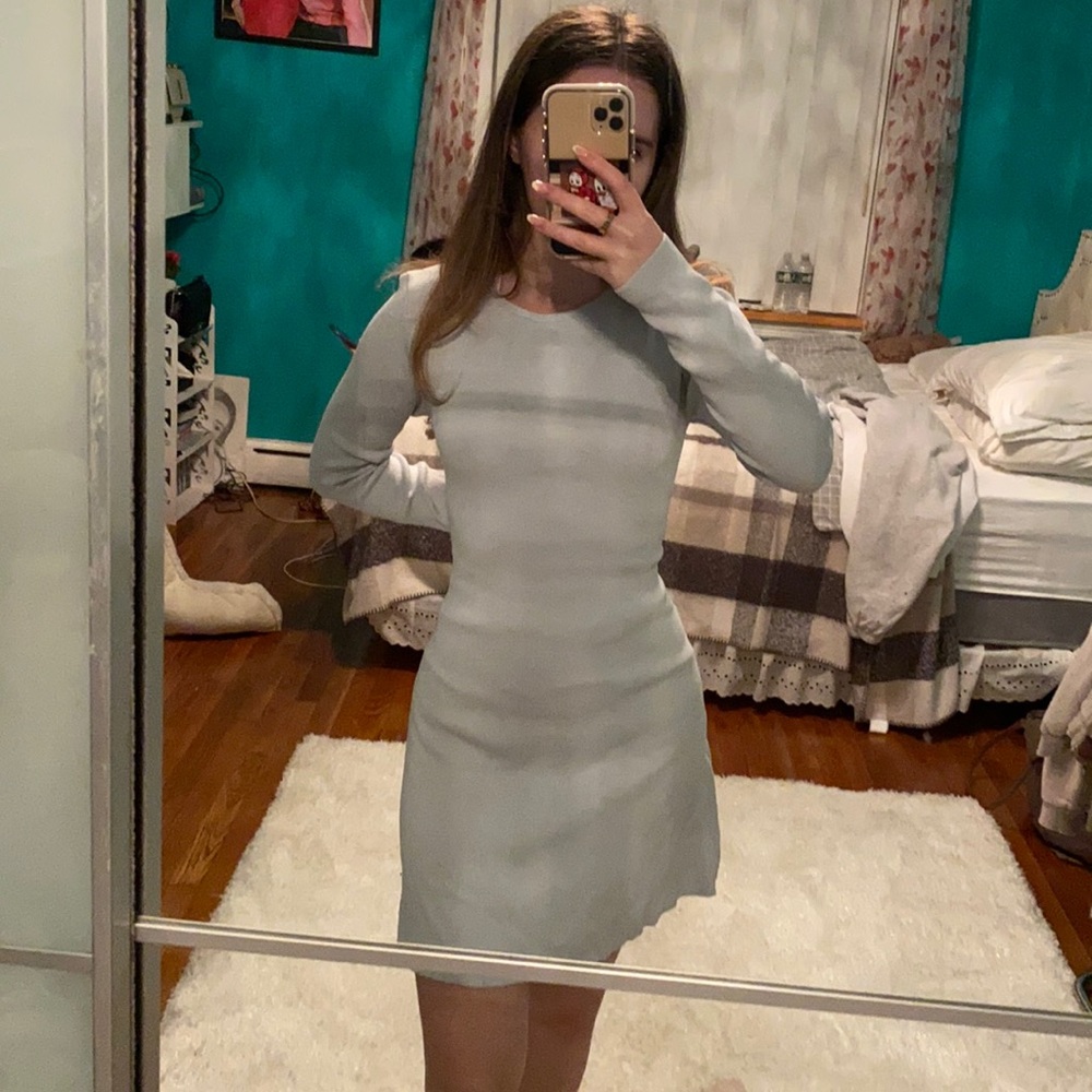 Zara Long Sleeve Mini Light Blue Sweater Ribbed Skater Dress